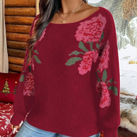 Multicolor Casual Women's Asymmetric Neckline Floral Print Long Sleeve Sweater - Picture 5 of 7